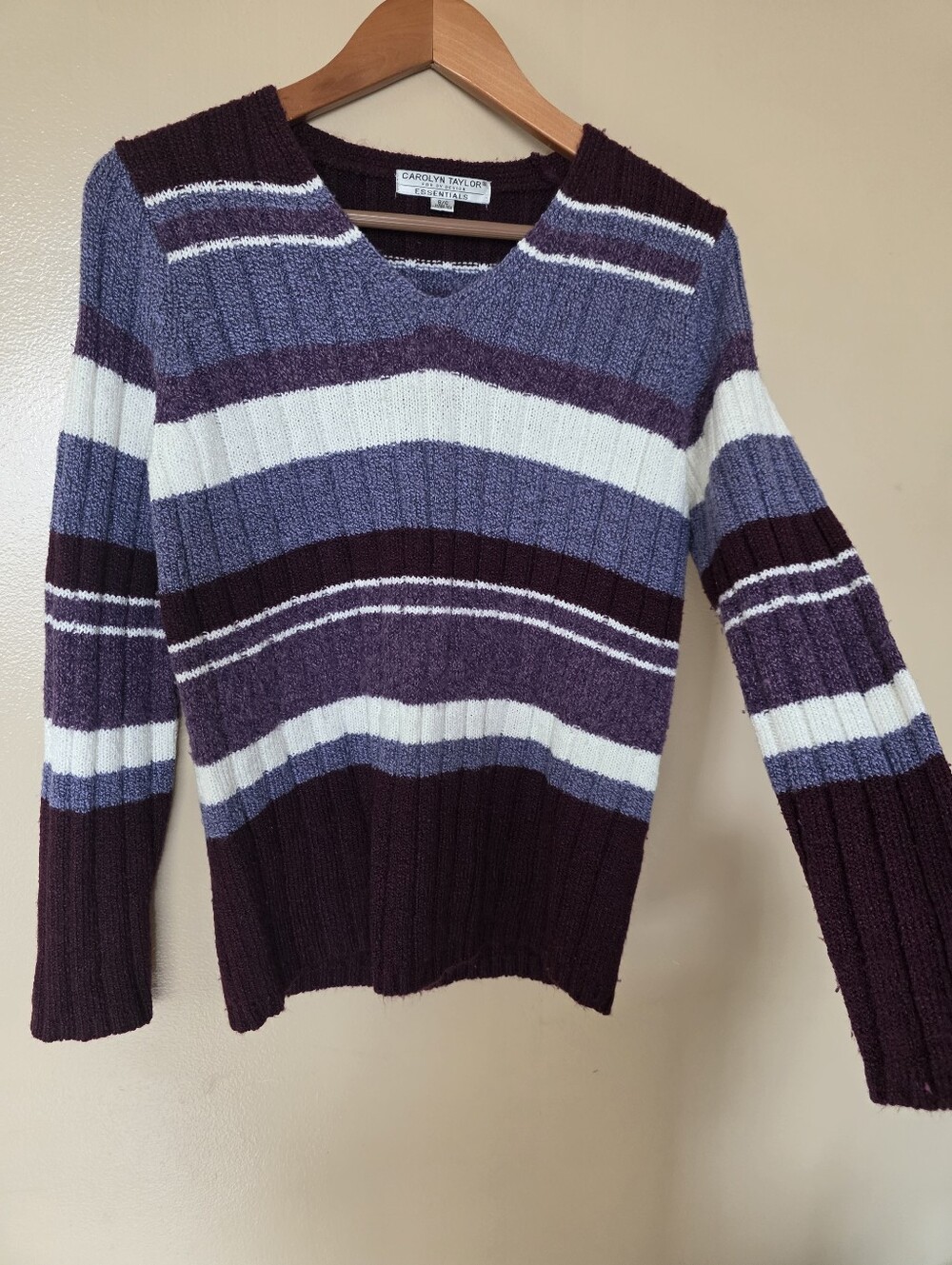 Vtg Y2K Deep Purple Striped Ribbed V Neck Sweater S Rory Gilmore Preppy Academia